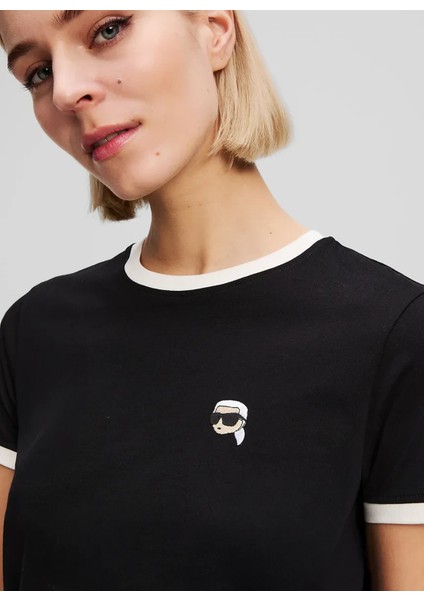 Yuvarlak Yaka Desenli Siyah Kadın T-Shirt A3W17078 fırsatları