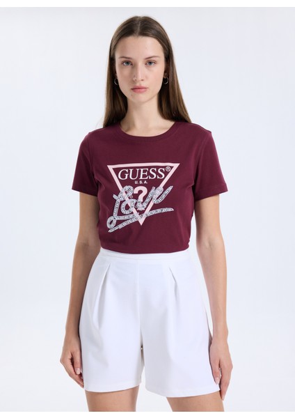 Yuvarlak Yaka Baskılı Kırmızı Kadın T-Shirt Pearls Kadın Regular Fit T-Shirt