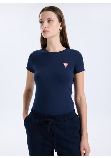 Yuvarlak Yaka Baskılı Mavi Kadın T-Shirt Mini Triangle Kadın Slim Fit T-Shir