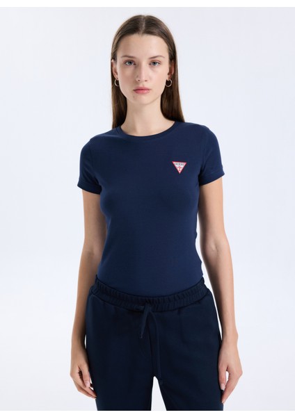 Yuvarlak Yaka Baskılı Mavi Kadın T-Shirt Mini Triangle Kadın Slim Fit T-Shir fırsatları