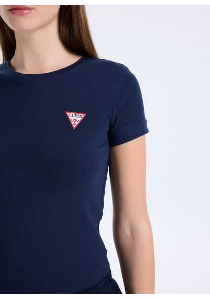 Yuvarlak Yaka Baskılı Mavi Kadın T-Shirt Mini Triangle Kadın Slim Fit T-Shir indirimleri