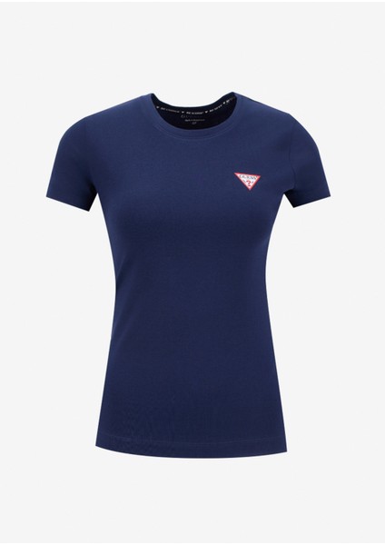 Yuvarlak Yaka Baskılı Mavi Kadın T-Shirt Mini Triangle Kadın Slim Fit T-Shir