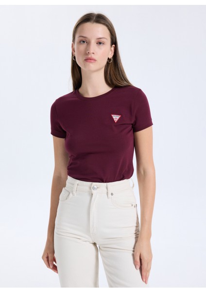 Yuvarlak Yaka Baskılı Kırmızı Kadın T-Shirt Mini Triangle Kadın Slim Fit T-Shir