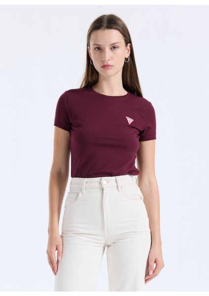 Yuvarlak Yaka Baskılı Kırmızı Kadın T-Shirt Mini Triangle Kadın Slim Fit T-Shir modelleri