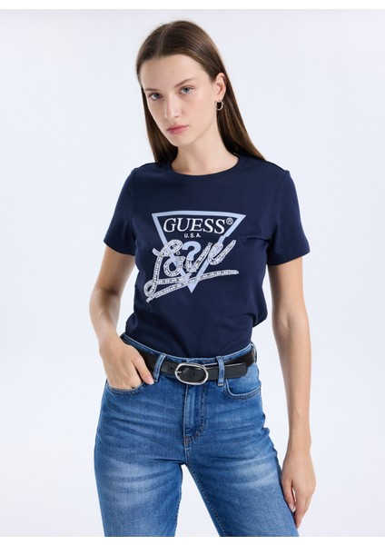 Yuvarlak Yaka Baskılı Mavi Kadın T-Shirt Pearls Kadın Regular Fit T-Shirt