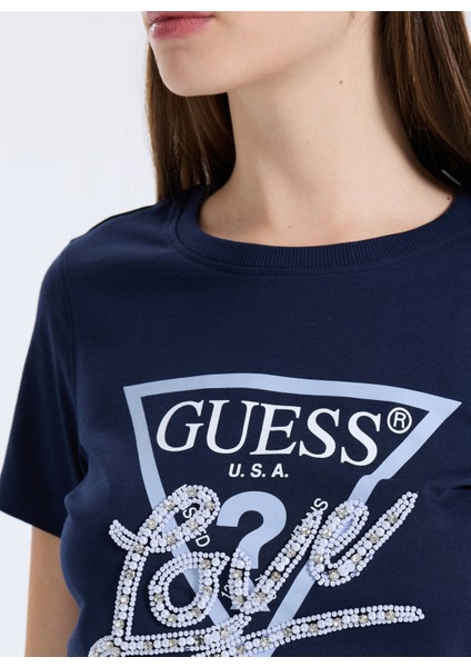 Yuvarlak Yaka Baskılı Mavi Kadın T-Shirt Pearls Kadın Regular Fit T-Shirt fırsatları