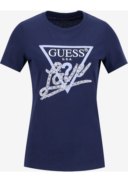 Yuvarlak Yaka Baskılı Mavi Kadın T-Shirt Pearls Kadın Regular Fit T-Shirt