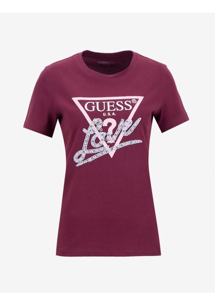 Yuvarlak Yaka Baskılı Kırmızı Kadın T-Shirt Pearls Kadın Regular Fit T-Shirt