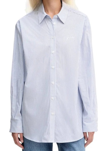 Regular Fit Gömlek Yaka Çizgili Beyaz - Mavi Kadın Gömlek Lauriane Kadın Regular Fit Gömlek
