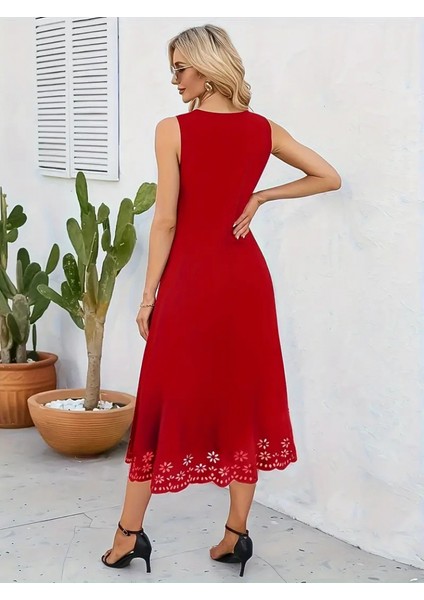 Kadın Kolsuz Etek Ucu Lazer Kesim Çiçek Desenli Midi Boy Ithal Krep Elbise fiyatları