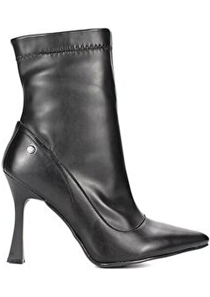 Kadın Topuklu Bot 10 cm İnce Topuklu Streç Deri Siyah