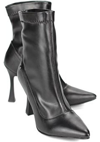 Kadın Topuklu Bot 10 cm İnce Topuklu Streç Deri Siyah