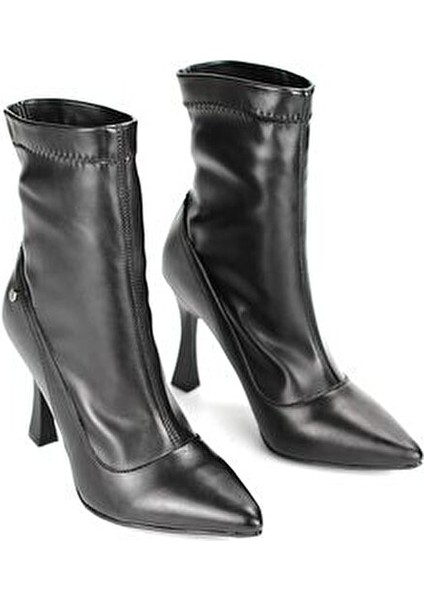 Kadın Topuklu Bot 10 cm İnce Topuklu Streç Deri Siyah