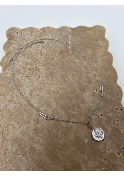 Sedefli Taşlı Gümüş Kuzey Yıldızı Kolye