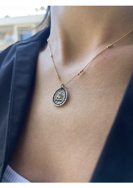 Göz Detaylı Eskitme Uçlu Gümüş Kolye