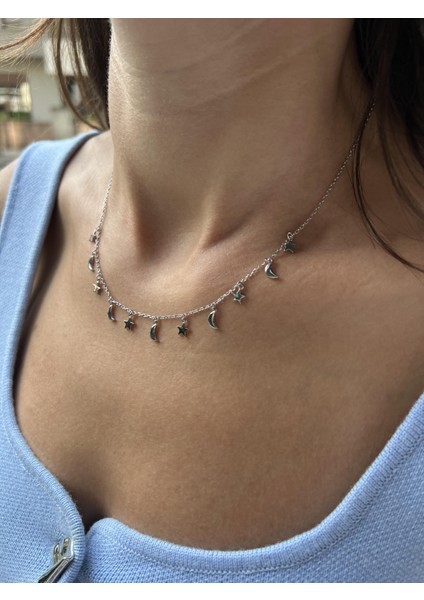 Gümüş Sıralı Ay Yıldız Kolye