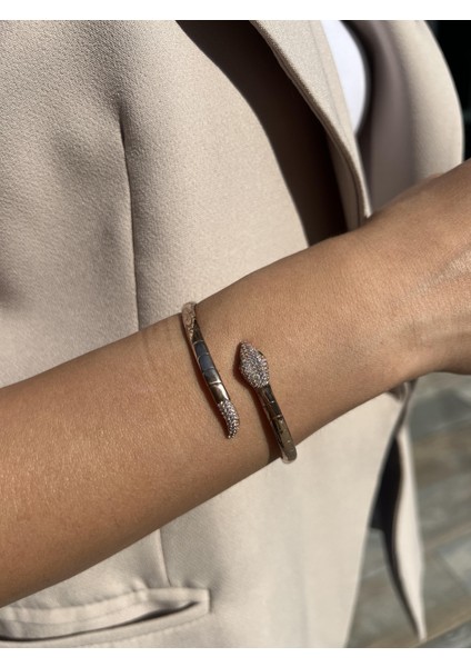 Gümüş Taş Detaylı Rose Renkli Yılan Kelepçe