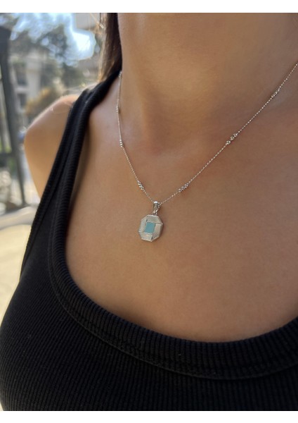 Sedefli Gümüş Firuze Taşlı Altıgen Kolye Ucu