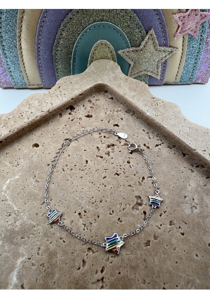 Çocuk Gümüş Mineli Renkli Yıldız Bileklik