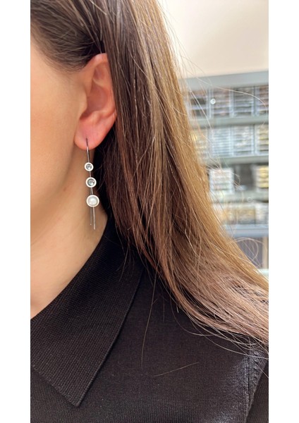 El Işi Tasarım Inci Detaylı Gümüş Çoklu Daire Küpe