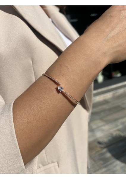 Gümüş Damla Taşlı Rose Renkli Kelepçe