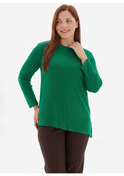 Yuvarlak Yaka Düz Yeşil Kadın Bluz 25KSL8257 fiyatları