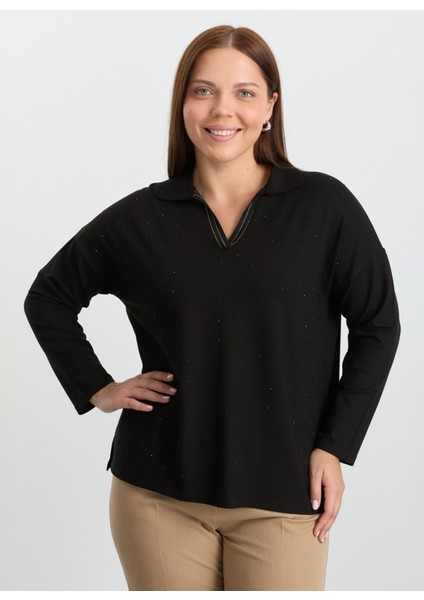 Polo Yaka Taşlı Siyah Kadın Bluz 25KSL8213