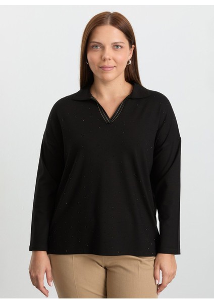 Polo Yaka Taşlı Siyah Kadın Bluz 25KSL8213 fiyatları