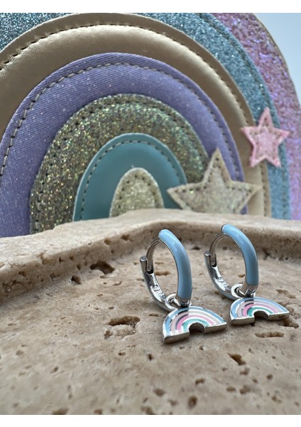 Çocuk Gümüş Mavi Mineli Sallantılı Gökkuşağı Küpe