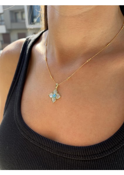 Sedefli Gümüş Firuze Taşlı Çiçek Kolye Ucu