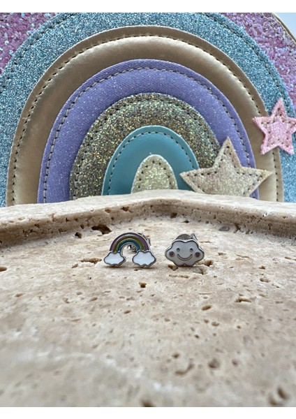 Çocuk Gümüş Mineli Gökkuşağı Bulut Küpe