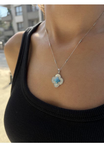 Sedefli Gümüş Firuze Taşlı Yonca Kolye Ucu