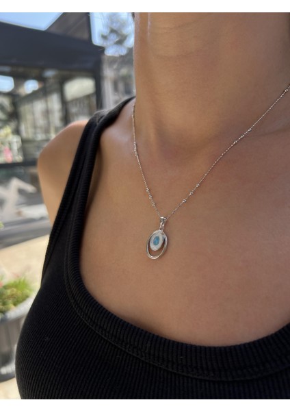 Sedefli Gümüş Firuze Taşlı Oval Kolye Ucu