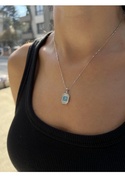 Sedefli Gümüş Firuze Taşlı Uzun Altıgen Kolye Ucu