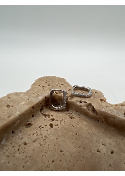 Taşlı Dikdörtgen Gümüş Halka Küpe