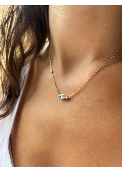 Gümüş Mozaik Mavi Balık Kolye