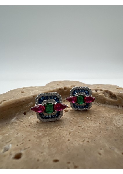 Renkli Baget Taşlı Gümüş Kare Küpe