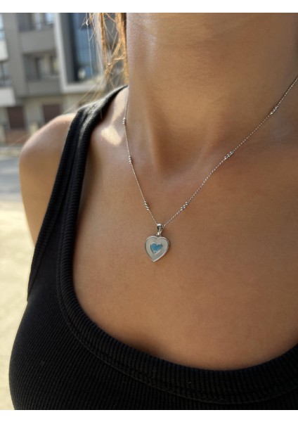 Sedefli Gümüş Firuze Taşlı Kalp Kolye Ucu