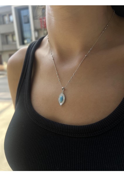 Sedefli Gümüş Firuze Taşlı Uzun Oval Kolye Ucu