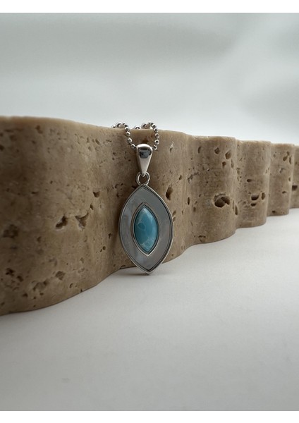 Sedefli Gümüş Firuze Taşlı Uzun Oval Kolye Ucu fiyatları