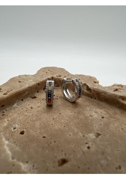 Küçük Renkli Baget Taşlı Gümüş Halka Küpe