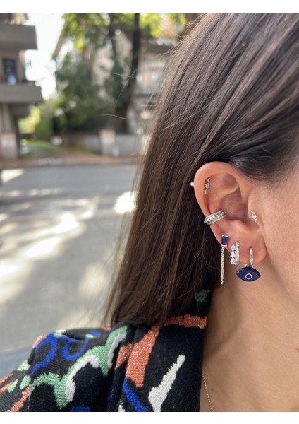 Lacivert Taşlı Gümüş Zincir Küpe fiyatları