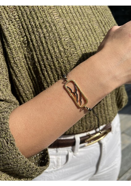 El Işi Tasarım Gold Çerçeveli Gümüş Martı Siyah Bileklik