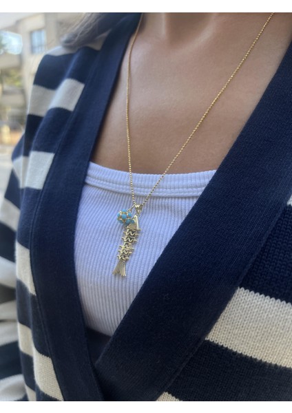 Charmlı Asansör Zincirli Gümüş Balık Kolye