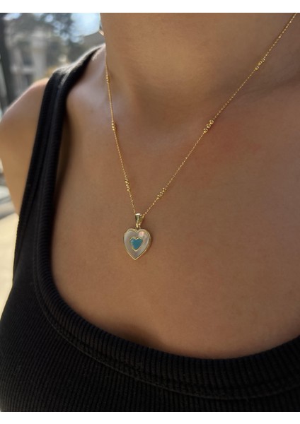 Sedefli Gümüş Firuze Taşlı Kalp Kolye Ucu