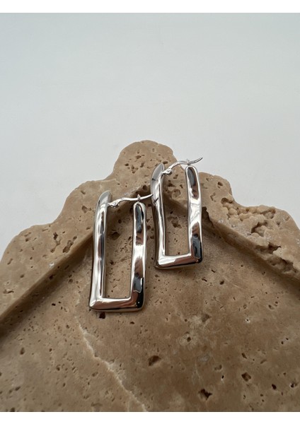 Italyan Tasarım Gümüş Dalgalı Dikdörtgen Küpe