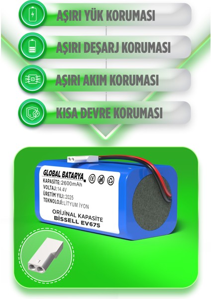 Bissell EV675 Uyumlu Akıllı Robot Süpürge Bataryası 14.4V 2600mAh Pil (Orijinal Kapasite) fiyatları