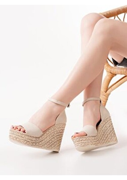 Kadın Dolgu Topuklu Ayakkabı Rahat 11 cm Krem Suni Deri Yaz Sezonu fırsatları