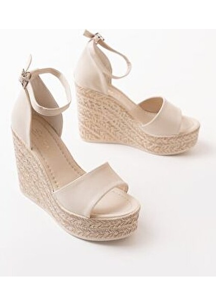 Kadın Dolgu Topuklu Ayakkabı Rahat 11 cm Krem Suni Deri Yaz Sezonu