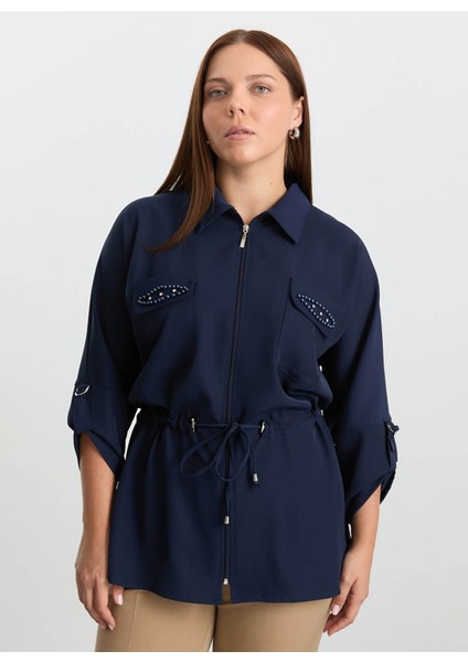 Polo Yaka Taşlı Lacivert Kadın Bluz 25KSL8261 fiyatları